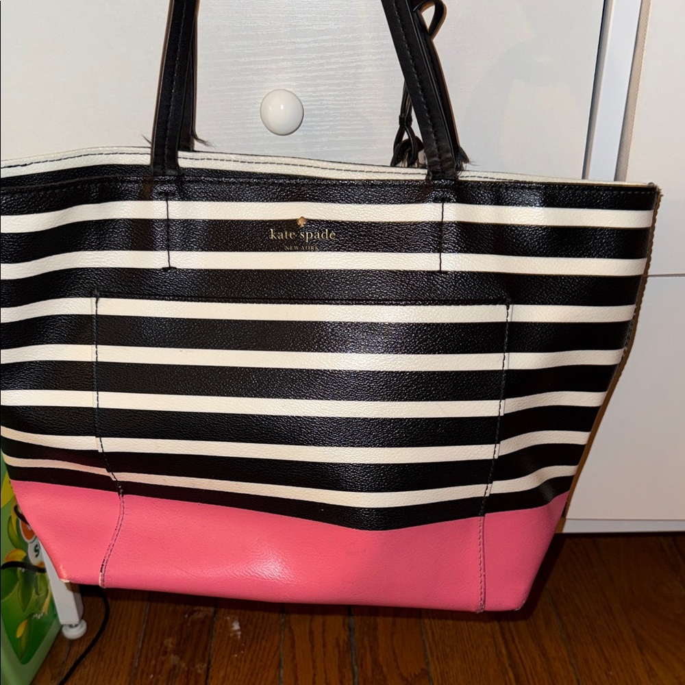 Kate Spade Black and White Striped Tote with Pink Accent